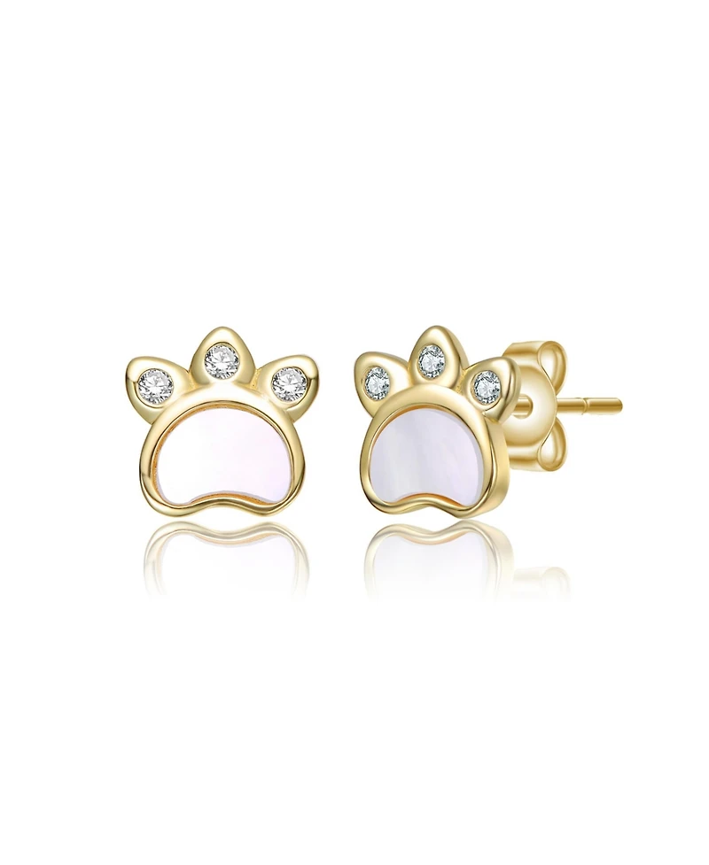 GiGiGirl 14K Gold Plated with White Mother Of Pearl & Clear Cubic Zirconia Paw Design Stud Earrings For Kids