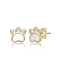 GiGiGirl 14K Gold Plated with White Mother Of Pearl & Clear Cubic Zirconia Paw Design Stud Earrings For Kids