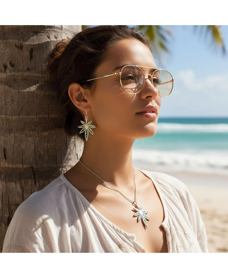 Bling Jewelry Western-Inspired Abalone Shell Marijuana Leaf Necklace and Earrings Jewelry Set Sterling Silver