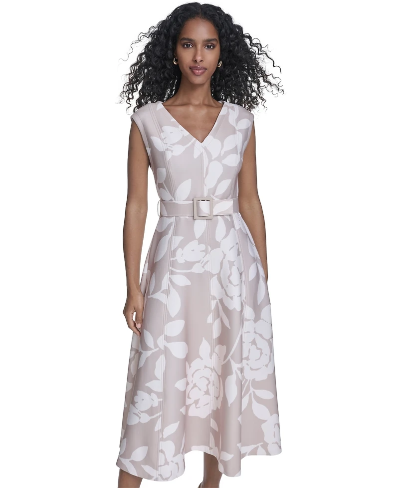 Calvin Klein Women's Scuba Belted V-Neck Midi Dress