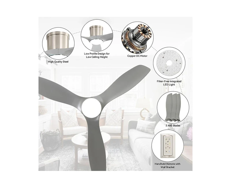 Sofucor 52-inch Modern Minimalist Sand Nickel 3-Blade Flush Mount with Remote Control,Supporting Mobile Device Connection and Voice Function