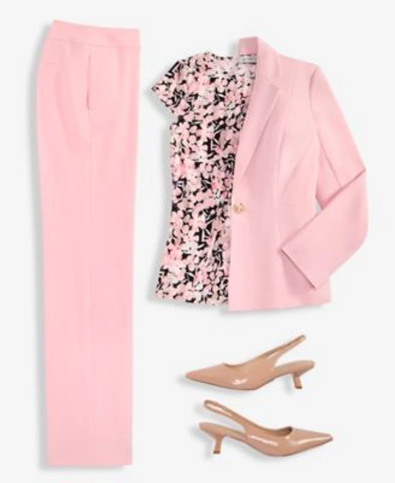 Kasper Womens Stretch Crepe One Button Jacket Floral Pleat Front Cap Sleeve Top Stretch Crepe Mid Rise Pants