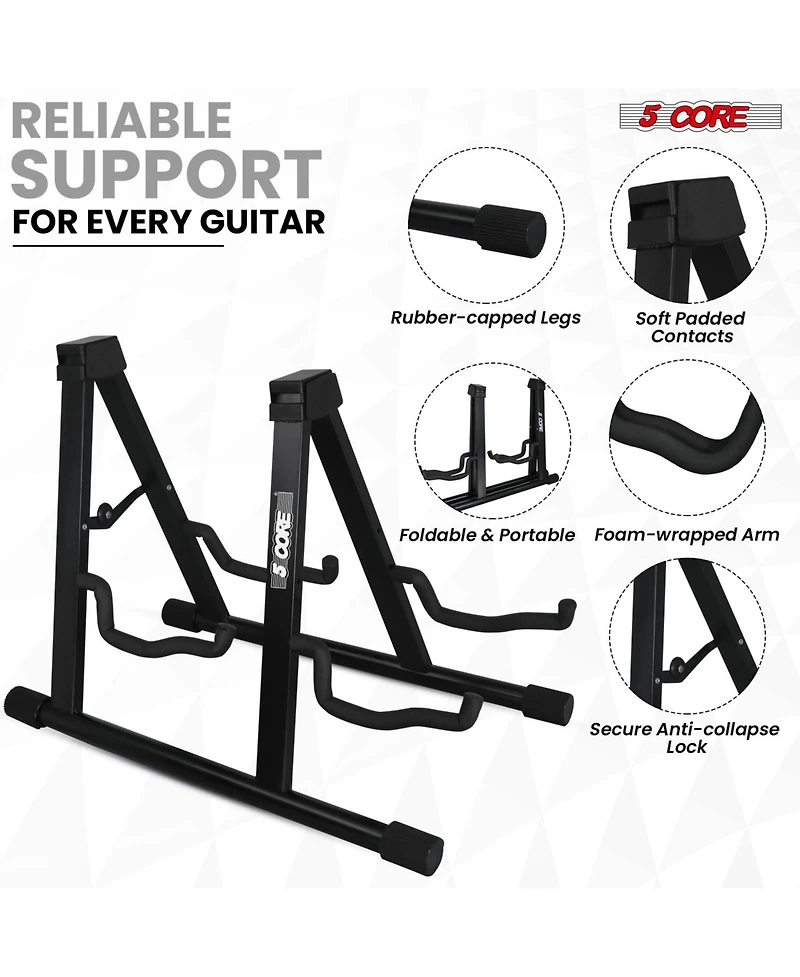 5 Core Double Guitar Stand Floor Adjustable A Frame Folding Acoustic Electric Guitars Holder Stands Gss 2N1 Blk