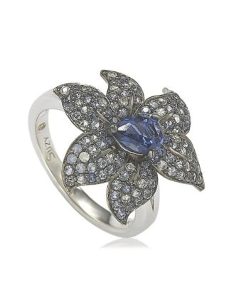 Suzy Levian Sterling Silver Sapphire Created White Sapphire Exotic Flower Ring