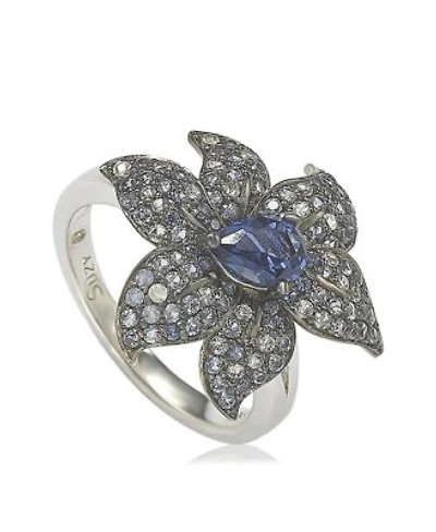 Suzy Levian Sterling Silver Sapphire Created White Sapphire Exotic Flower Ring