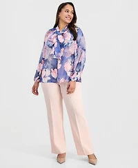 Tahari Asl Plus Printed Ruffle-Tie Long-Sleeve Blouse
