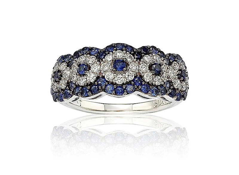 Suzy Levian Sterling Silver Sapphire 5 Stone Halo Anniversary Band Ring