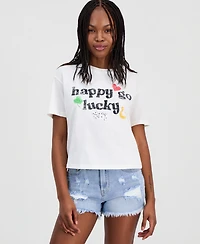 Rebellious One Juniors' Short-Sleeve Cropped Happy Go Lucky Graphic T-Shirt