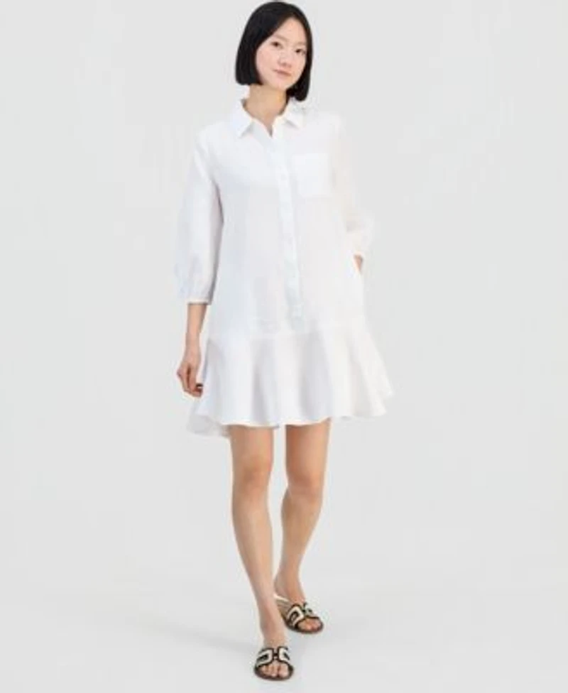 Charter Club Womens 100 Linen Button Front 3 4 Sleeve Dress Created For Macys