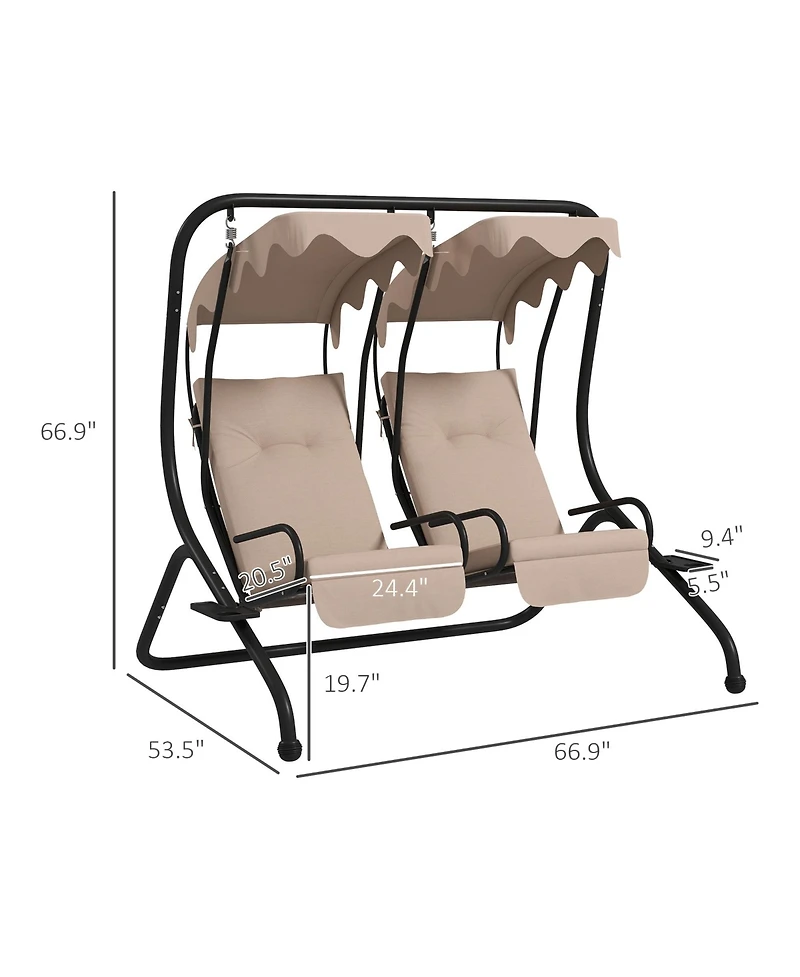 Outsunny 2-Seat Patio Swing Chair w/ Removable Canopy & Cup Holders,