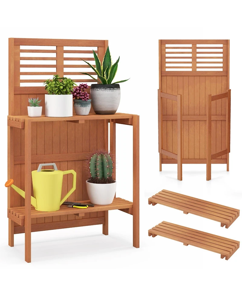 Sugift Folding Garden Potting Bench with 2-Tier Storage Shelves and Teak Oil Finish