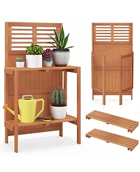 Sugift Folding Garden Potting Bench with 2-Tier Storage Shelves and Teak Oil Finish
