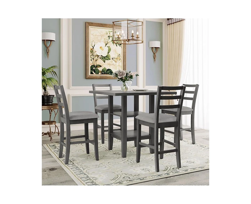 Casainc Trexm 5-Piece Counter Height Dining Set with Espresso Wood Table Padded Chairs and Storage Shelving
