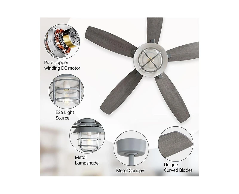 Sofucor 52-inch Gray Wood Grain Farmhouse Indoor 5-Blade Ceiling Fans with Light Kit and Remote Control