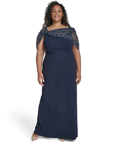 Eliza J Plus Short-Sleeve Spaghetti Strap Beaded Twist Overlay Gown
