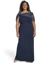 Eliza J Plus Short-Sleeve Spaghetti Strap Beaded Twist Overlay Gown