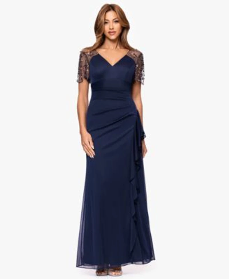 Xscape Womens Beaded V Neck Dress