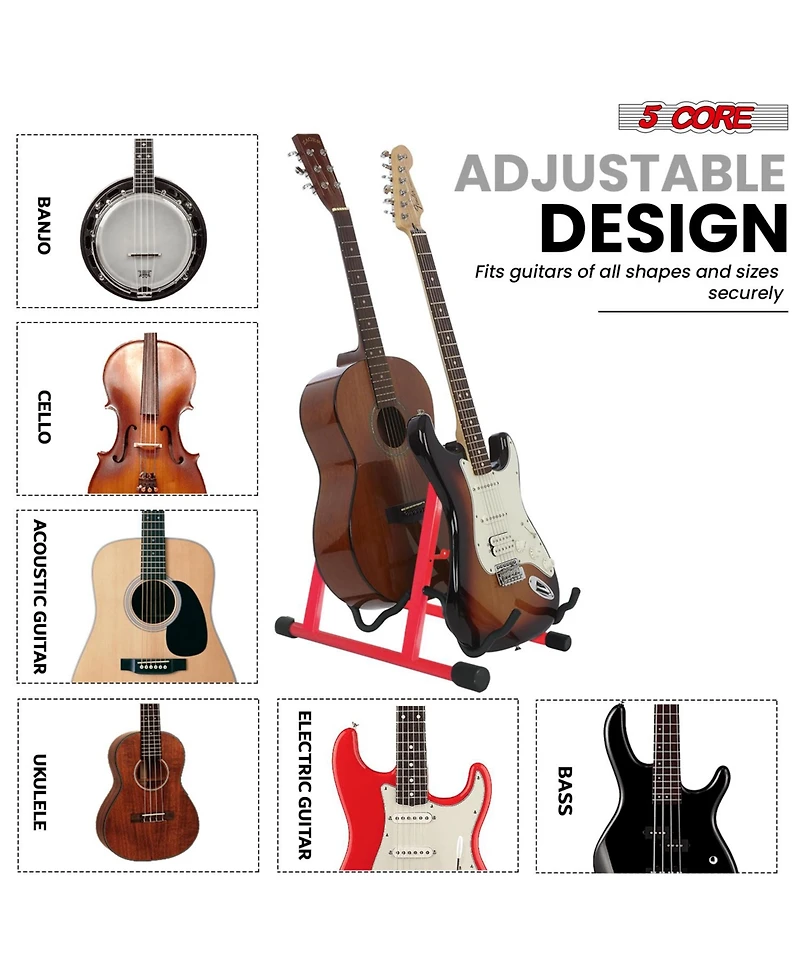 5 Core Double Guitar Stand Floor Adjustable A Frame Folding Acoustic Electric Guitars Holder Stands Gss 2N1 Red