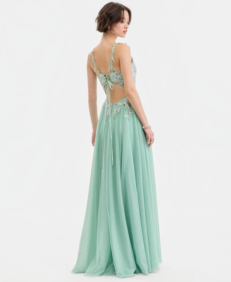 City Studios Juniors' Embroidered Applique Mesh Gown