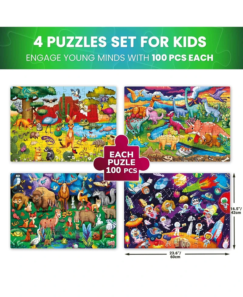 Quokka 4x100 Piece Glow-in-The-Dark Puzzles– Space, Dinosaurs, Animals