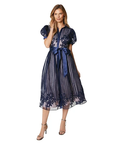 Coast Women's Stripe Organza Puff Sleeve Shirt Dress