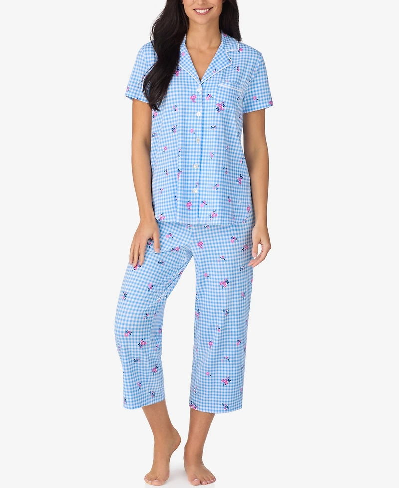 Cuddl Duds Women's Cropped Notch Collar Pajama Top and Pants, 2-Piece Set