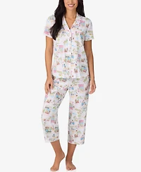 Cuddl Duds Women's Cropped Notch Collar Pajama Top and Pants, 2-Piece Set