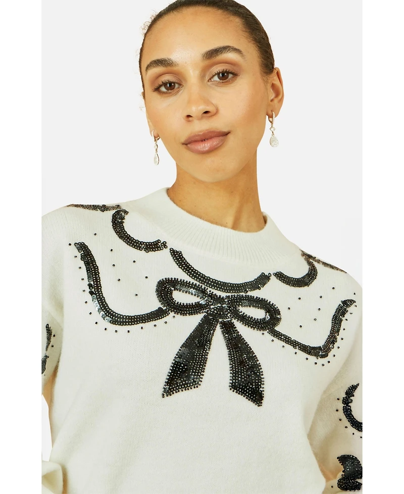 Yumi Women's Sequinned Bow Neckline Sweater