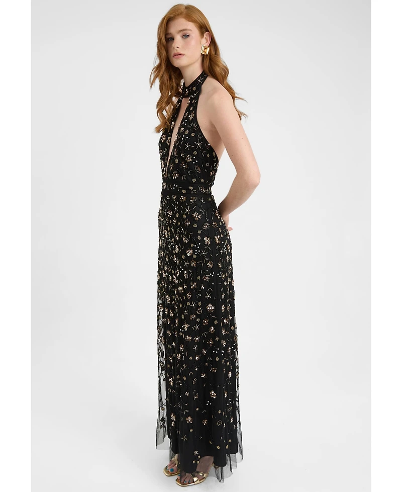 Beauut Women's Embellished Sequin Beaded Maxi Dress With Choker-Style Collar