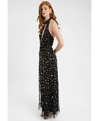 Beauut Women's Embellished Sequin Beaded Maxi Dress With Choker-Style Collar