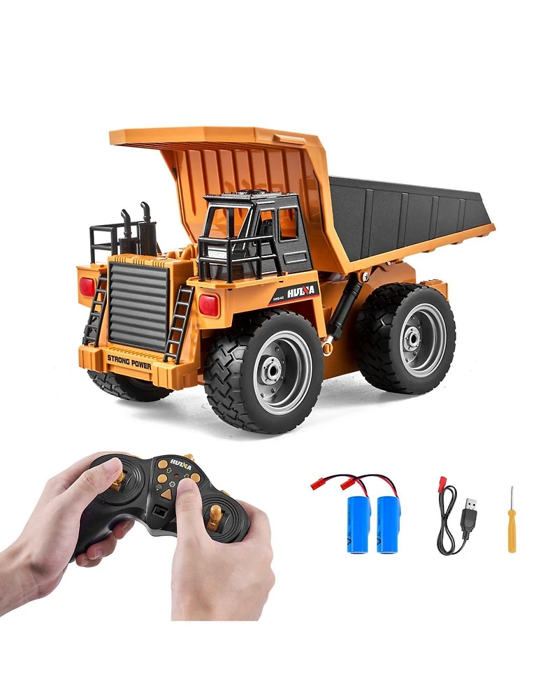 Mecale Rc Dump Truck Toy, 9-Channel 1:18 Scale Remote Control Construction Vehicle with Metal Bed & Lights