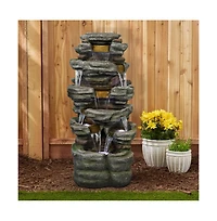 SunJet 47.2" 6-Tier Cascading Rock Outdoor Water Fountain with Led Lights