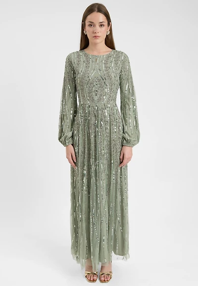 Maryisa Women's Modest Embellished Sequin Beaded Dress Maxi With Flowey A Line Bottom