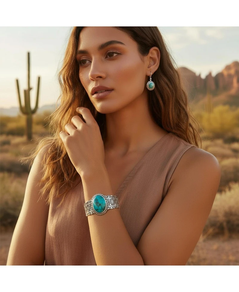 Bling Jewelry Stabilized Turquoise Floral Cross Infinity Wide Cuff Bracelet & Dangle Earrings Jewelry Set Sterling Silver