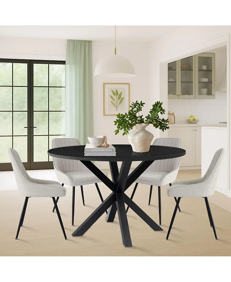 Maison Boucle 5-Piece Round Dining Table Set for 4, Black Mdf Top with Upholstered Fabric Chairs, Kitchen Small Spaces