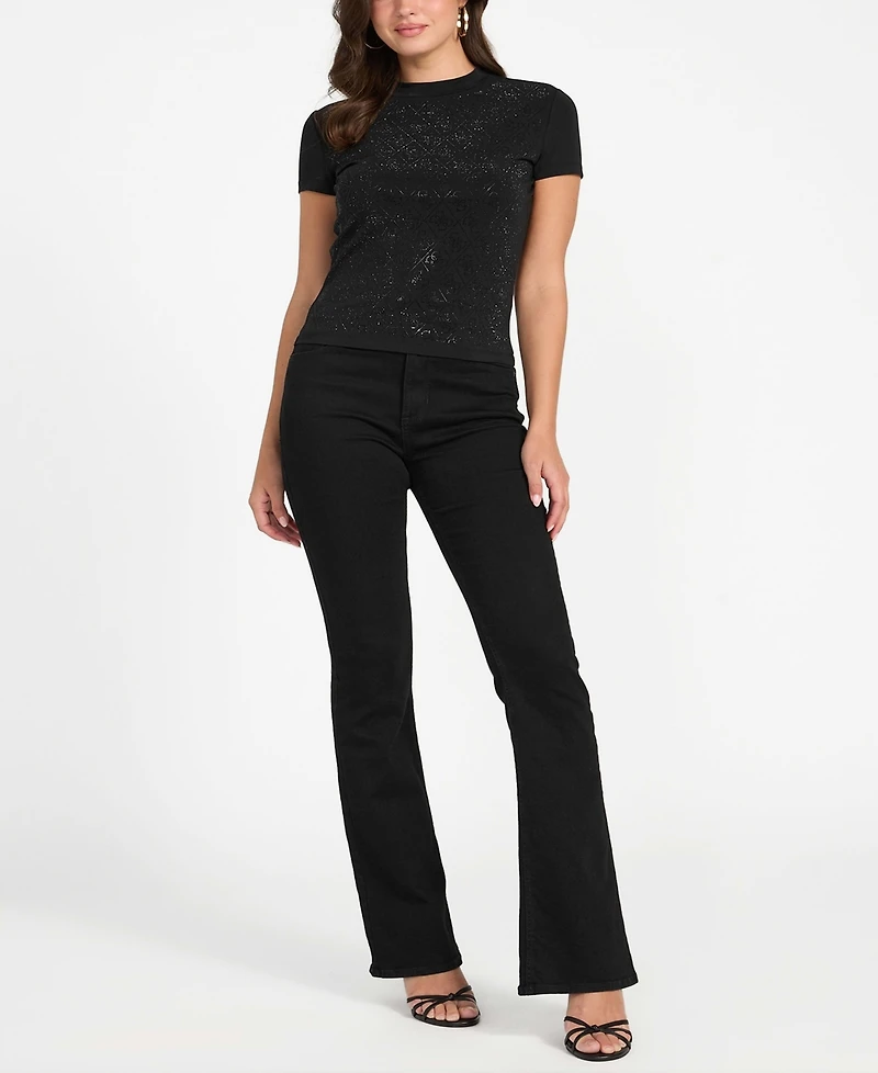 Guess Women's Rhinestone-Logo Mock-Neck Short-Sleeve Top