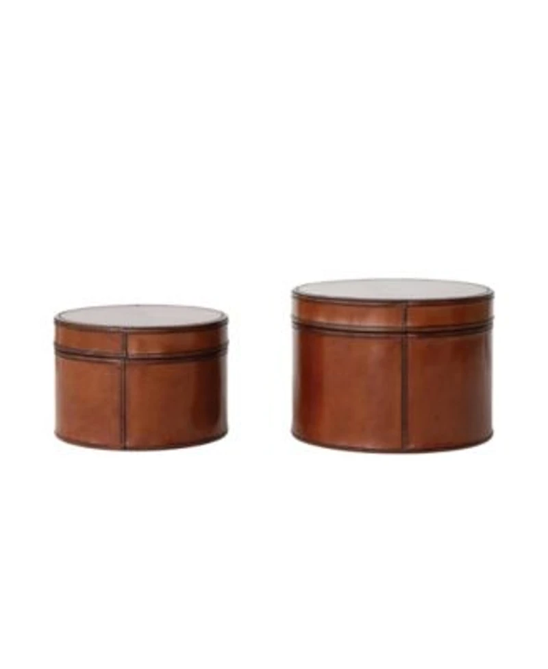 Storied Home 2 Piece Wood Leather Round Boxes Cognac Color