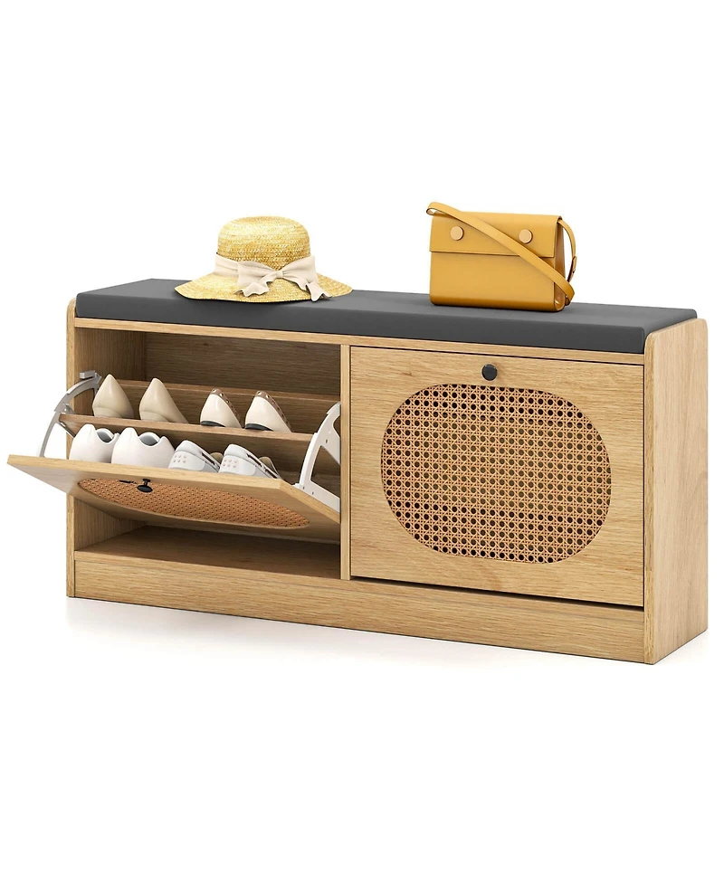 Costway Shoe Storage Bench with Cushion 2 Flip-over Doors & Adjustable Shelves
