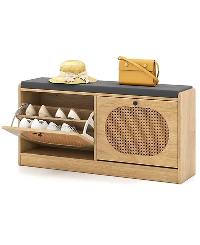 Costway Shoe Storage Bench with Cushion 2 Flip-over Doors & Adjustable Shelves