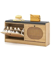Costway Shoe Storage Bench with Cushion 2 Flip-over Doors & Adjustable Shelves