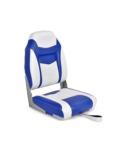 Sugift High Back Folding Boat Seat with Blue White Sponge Cushion and Flexible Hinges