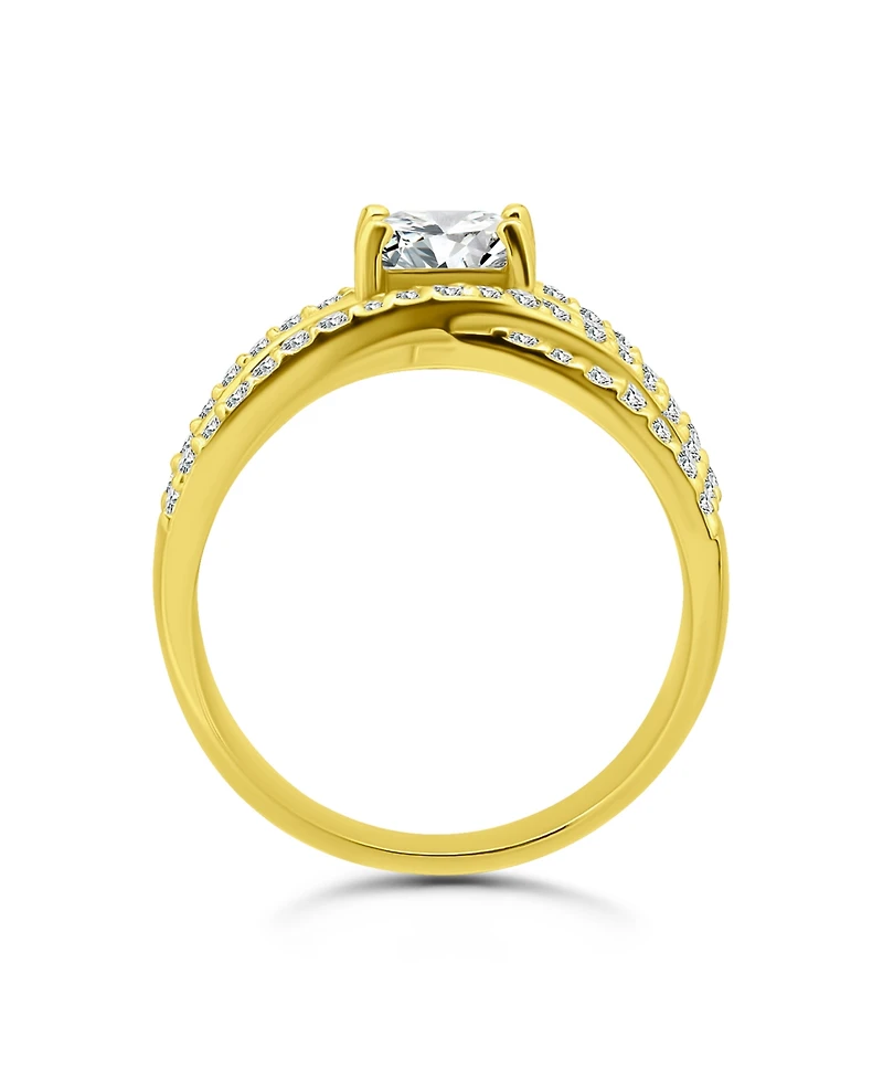 Cubic Zirconia Intertwined Band with Cushion Prong Center Ring Silver Plate