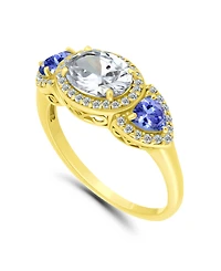 Cubic Zirconia Oval with Tanzanite Cz Accents 3 Stone Ring Silver Plate