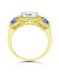Cubic Zirconia Oval with Tanzanite Cz Accents 3 Stone Ring Silver Plate