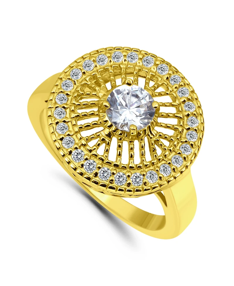 Cubic Zirconia Medallion Ring with Round Prong Center Stone Silver Plate