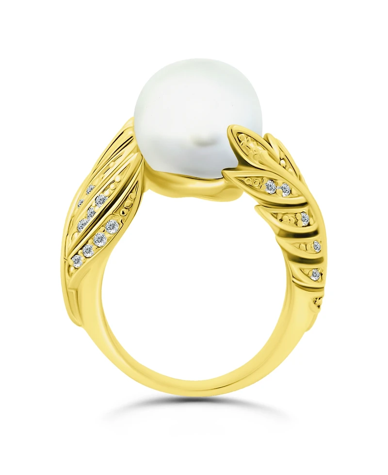 Imitation Pearl and Multi Row Pave Cubic Zirconia Ring Silver Plate
