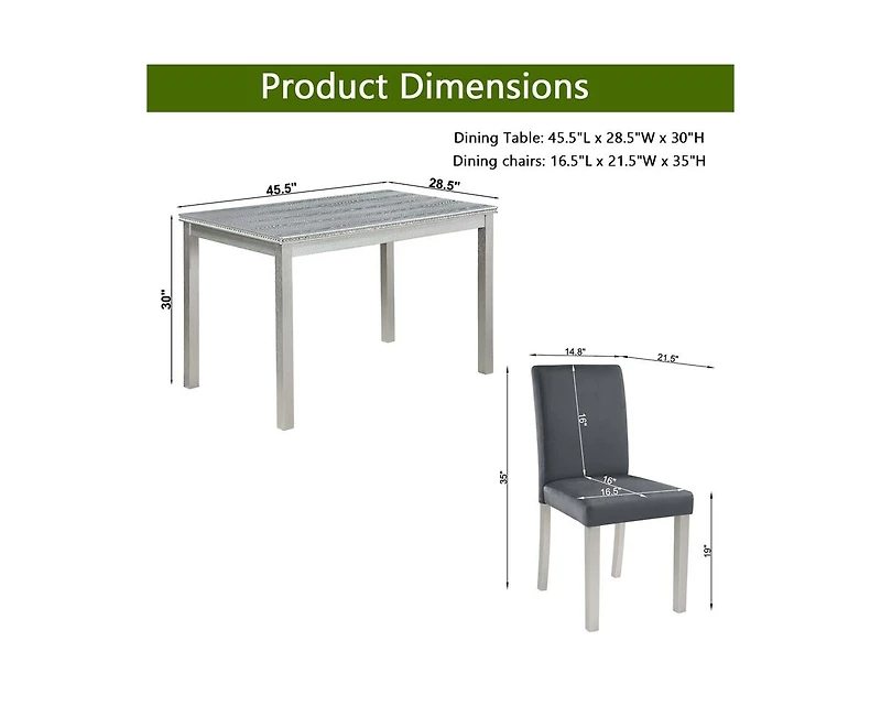 Casainc 5-Piece Silver Grey Crystal Accent Wood Dining Set with Rectangular Table and 4 Upholstered Chairs