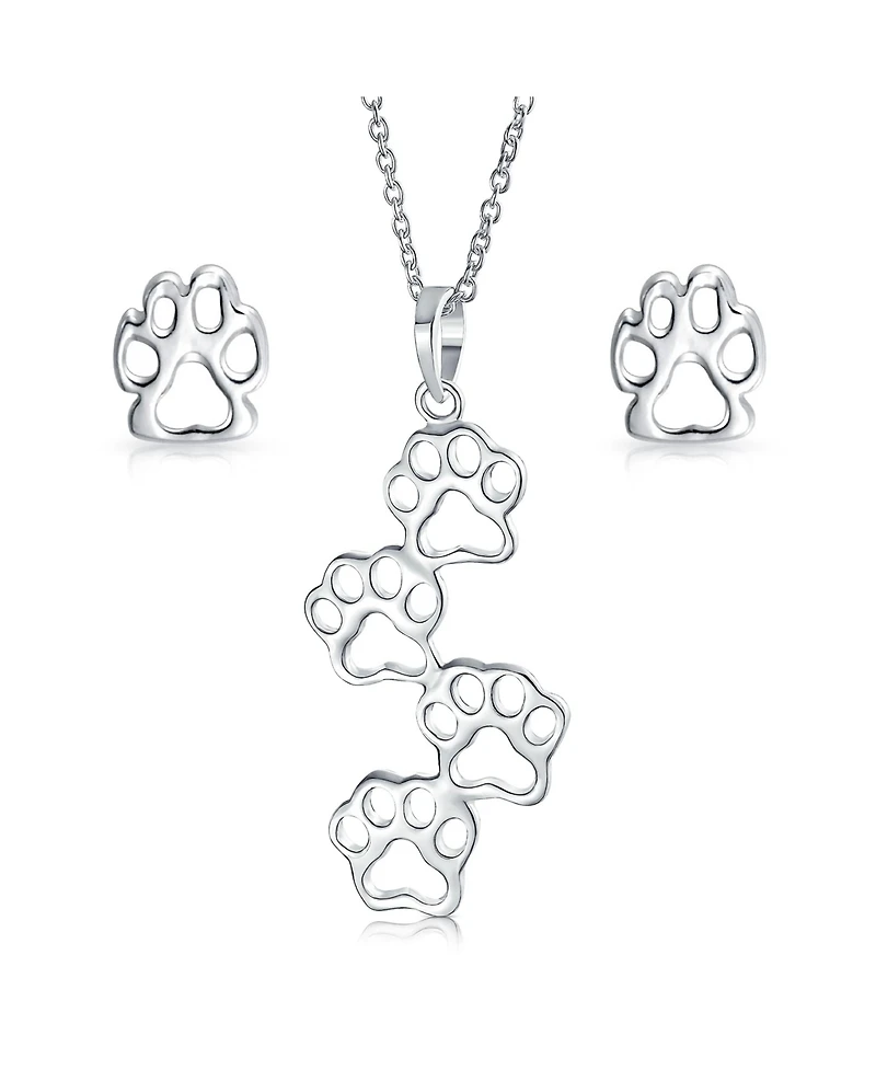 Bling Jewelry Animal Pet 4 Multi Paw Prints Charm Pendant Necklace & Stud Earrings Set Sterling Silver