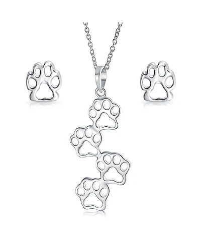 Bling Jewelry Animal Pet 4 Multi Paw Prints Charm Pendant Necklace & Stud Earrings Set Sterling Silver