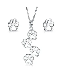 Bling Jewelry Animal Pet 4 Multi Paw Prints Charm Pendant Necklace & Stud Earrings Set Sterling Silver